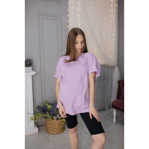 Комплект для беременных черные велосипедки в рубчик и лавандовая футболка оверсайз